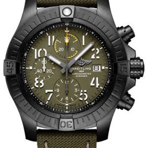 Breitling Avenger Chronograph 45 Night Mission Watch - DLC-Coated Titanium - Green Dial - Khaki Green Calfskin Leather Strap - Tang Buckle - V13317101L1X1
