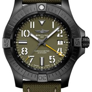 Breitling Avenger Automatic GMT 45 Night Mission Limited Edition Watch - DLC-Coated Titanium - Green Dial - Khaki Green Calfskin Leather Strap - Tang Buckle Limited Edition of 2000 - V323952A1L1X1