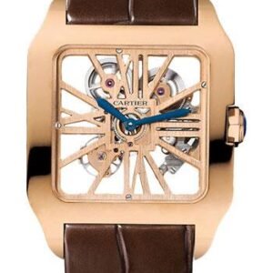 Cartier Santos-Dumont Skeleton Watch - 38.7 x 47.4 mm Pink Gold Case - Silver Dial - Brown Alligator Strap - W2020057
