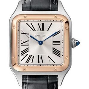 Cartier Santos-Dumont Watch - 43.5 mm Pink Gold And Steel Case - Silver Dial - Black Strap - W2SA0011