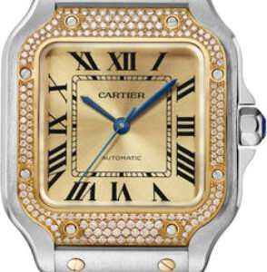Cartier Santos De Cartier Medium Automatic Yellow Gold Steel Diamonds Interchangeable Metal And Leather Bracelets - W3SA0007