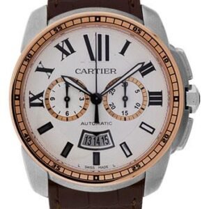Cartier Calibre de Cartier Chronograph Watch - 42 mm Steel And Pink Gold Case - Silver Dial - Brown Alligator Strap - W7100043