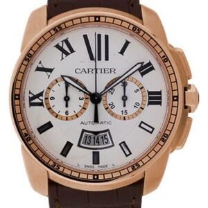 Cartier Calibre de Cartier Chronograph Watch - 42 mm Pink Gold Case - Silver Dial - Brown Alligator Strap - W7100044