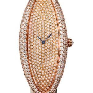Cartier Baignoire Allongee Watch - 52 mm Pink Gold Diamond Case - Diamond Dial - Taupe Strap - WJBA0011
