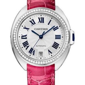 Cartier Cle De Cartier Watch - 35 mm White Gold Diamond Case - Diamond Bezel - Silver Dial - Fuchsia Pink Alligator Strap - WJCL0014