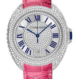 Cartier Cle De Diamond Paved Cartier Watch - 40 mm White Gold Diamond Case - Diamond Bezel - Silver Dial - Fuchsia Pink Alligator Strap - WJCL0019