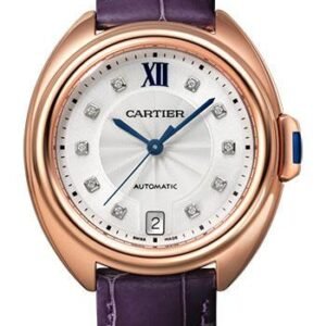 Cartier Cle de Cartier Watch - 35 mm Pink Gold Case - Silvered Flinque Diamond Dial - Aubergine Alligator Strap - WJCL0032