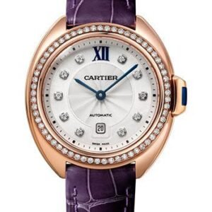 Cartier Cle de Cartier Watch - 31 mm Pink Gold Diamond Case - Diamond Bezel - Silvered Flinque Dial - Aubergine Alligator Strap - WJCL0038