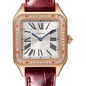 Cartier Santos-Dumont Watch - 38 mm x 27.5 mm Pink Gold Case - Silver Satin-Brushed Dial - Burgundy Leather Strap - WJSA0017
