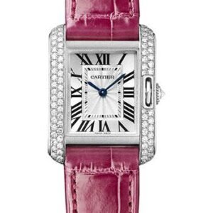 Cartier Tank Anglaise Watch - 30.2 mm White Gold Diamond Case - Silvered Dial - Fuschia Alligator Strap - WT100015