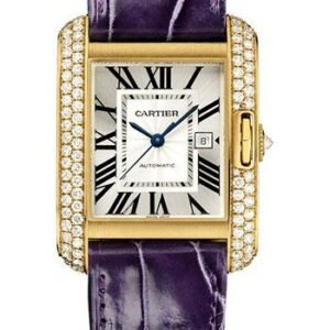 Cartier Tank Anglaise Watch - 39.2 mm Yellow Gold Diamond Case - Silvered Dial - Aubergine Alligator Strap - WT100017