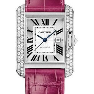 Cartier Tank Anglaise Watch - 39.2 mm White Gold Diamond Case - Silvered Dial - Fuschia Alligator Strap - WT100018