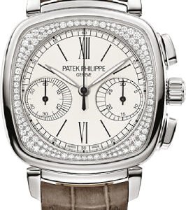 Patek Philippe Complications Ladies Chronograph 35 x 39mm Silver Opaline Roman White Gold Diamond Set Leather Manual | 7071G-001