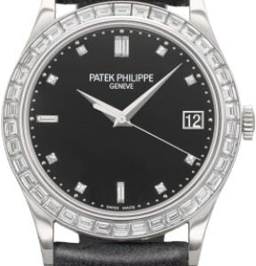 Patek Philippe Calatrava Black Baguette Diamond Bezel Date Platinum Leather | 5298P-012