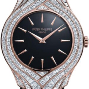 Patek Philippe Calatrava Ladies 34mm Black Index Rose Gold Diamond Set Leather Manual | 4895R-001