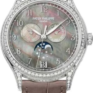 Patek Philippe Complications Ladies Annual Calendar Moon Phase 38mm Black Tahitian Mother of Pearl Arabic White Gold Diamond Set Leather Automatic | 4948G-001