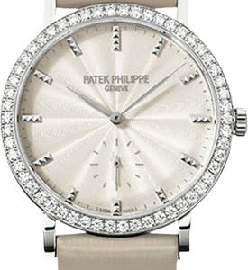 Patek Philippe Calatrava Ladies 31mm Cream Guillouche Diamond Bezel White Gold Leather Manual | 7120G-001