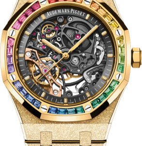 Audemars Piguet Royal Oak Frosted Gold Double Balance Wheel Openworked Yellow Gold 41mm Rainbow Gem-set Bezel | 15412BA.YG.1224BA.01