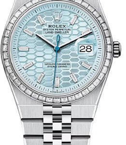 Rolex Land-Dweller 36 Platinum Ice Blue Honeycomb Motif Dial Baguette Diamond-Set Bezel Flat Jubilee Bracelet 127286TBR - 2025