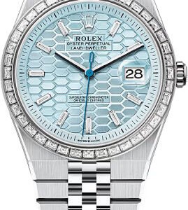 Rolex Land-Dweller 40 Platinum Ice Blue Honeycomb Motif Diamond Set Dial Baguette Diamond-Set Bezel Flat Jubilee Bracelet 127386TBR - 2025