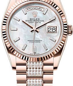 Rolex Day-Date 36 36mm White MOP Diamond-Set Dial Fluted Bezel President Bracelet - 128235 | 2024 Model