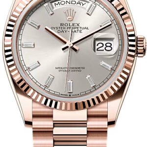 Rolex Day-Date 36 36mm Silver Diamond-Set Dial Fluted Bezel President Bracelet - 128235 | 2024 Model