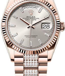 Rolex Day-Date 36 36mm Silver Diamond-Set Dial Fluted Bezel President Bracelet - 128235 | 2024 Model