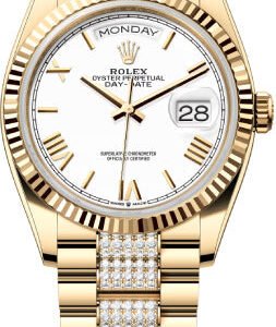 Rolex Day-Date 36 36mm White Roman Dial Fluted Bezel with Diamond-Set President Bracelet - 128238 | 2024 Model