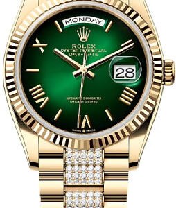 Rolex Day-Date 36 36mm Green Ombré Dial Fluted Bezel with Diamond-Set President Bracelet - 128238 | 2024 Model