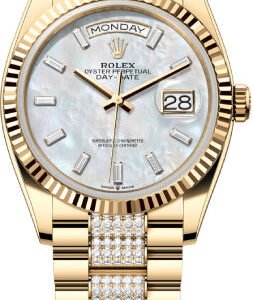 Rolex Day-Date 36 36mm White MOP Diamond-Set Dial Fluted Bezel with Diamond-Set President Bracelet - 128238 | 2024 Model