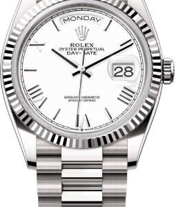 Rolex Day-Date 36 36mm White Roman Dial Fluted Bezel President Bracelet - 128239 | 2024 Model