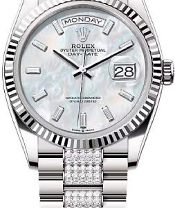 Rolex Day-Date 36 36mm White MOP Diamond-Set Dial Fluted Bezel with Diamond-Set President Bracelet - 128239 | 2024 Model