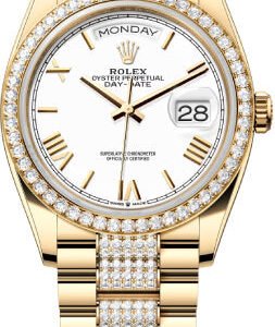 Rolex Day-Date 36 36mm White Roman Dial Diamond-Set Bezel with Diamond-Set President Bracelet - 128348RBR | 2024 Model