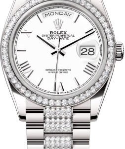 Rolex Day-Date 36 36mm White Roman Dial Diamond-Set Bezel with Diamond-Set President Bracelet - 128349RBR | 2024 Model
