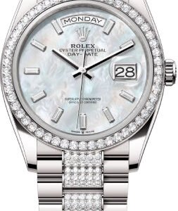 Rolex Day-Date 36 36mm White MOP Diamond-Set Dial Diamond-Set Bezel with Diamond-Set President Bracelet - 128349RBR | 2024 Model