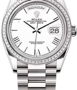 Rolex Day-Date 36 36mm White Roman Dial Diamond-Set Bezel President Bracelet - 128399TBR | 2024 Model