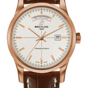 Breitling Transocean Day & Date Watch - 43mm Red Gold Case - Mercury Silver Dial - Gold Croco Strap - R4531012/G752/738P/R20D.1