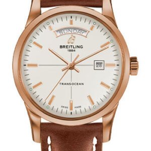 Breitling Transocean Day & Date Watch - 43mm Red Gold Case - Mercury Silver Dial - Gold Leather Strap - R4531012/G752/434X/R20D.1