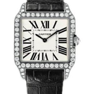 Cartier Santos-Dumont Watch - Small White Gold Diamond Case - Silver Dial - Alligator Strap - WH100251